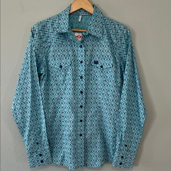 Cinch Tops - CINCH Women’s L Western Button Down Shirt Geometric Blue Long Sleeve Brand New